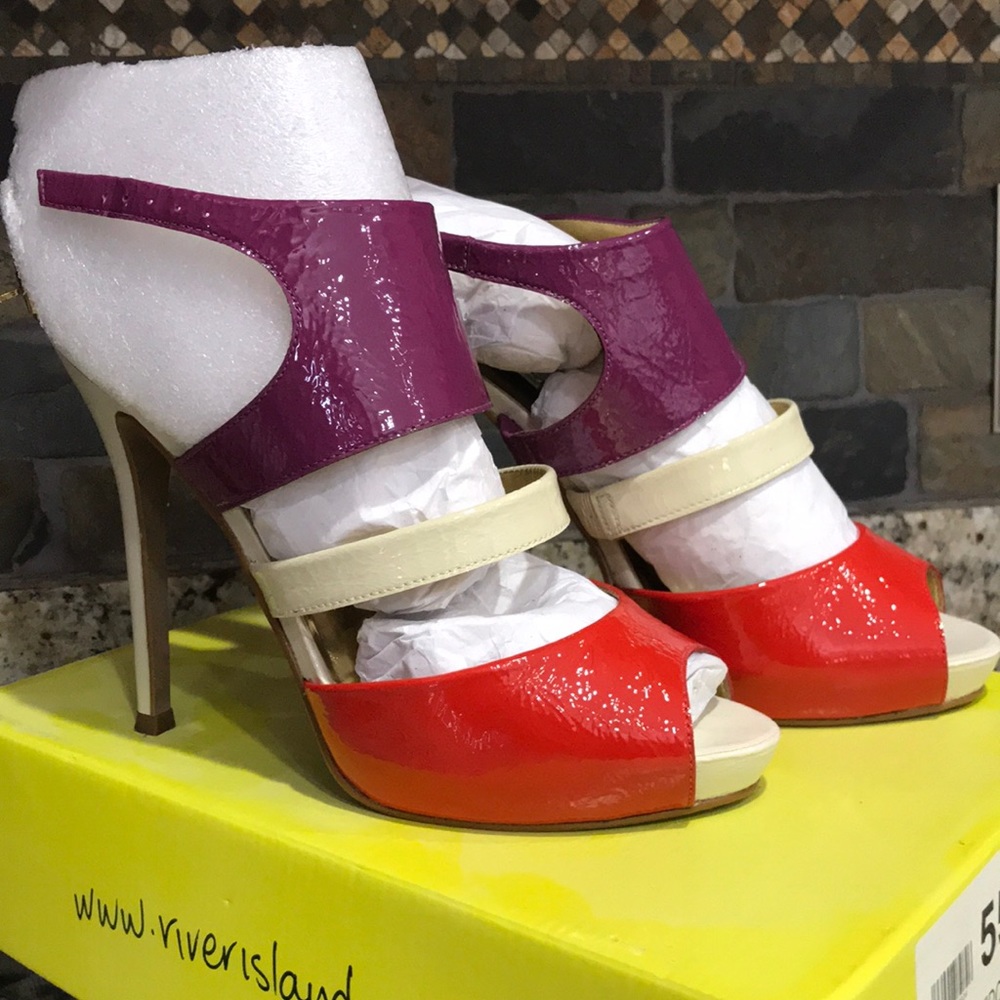 River Island heeled sandals red cream and purple - Picture 3 of 8
